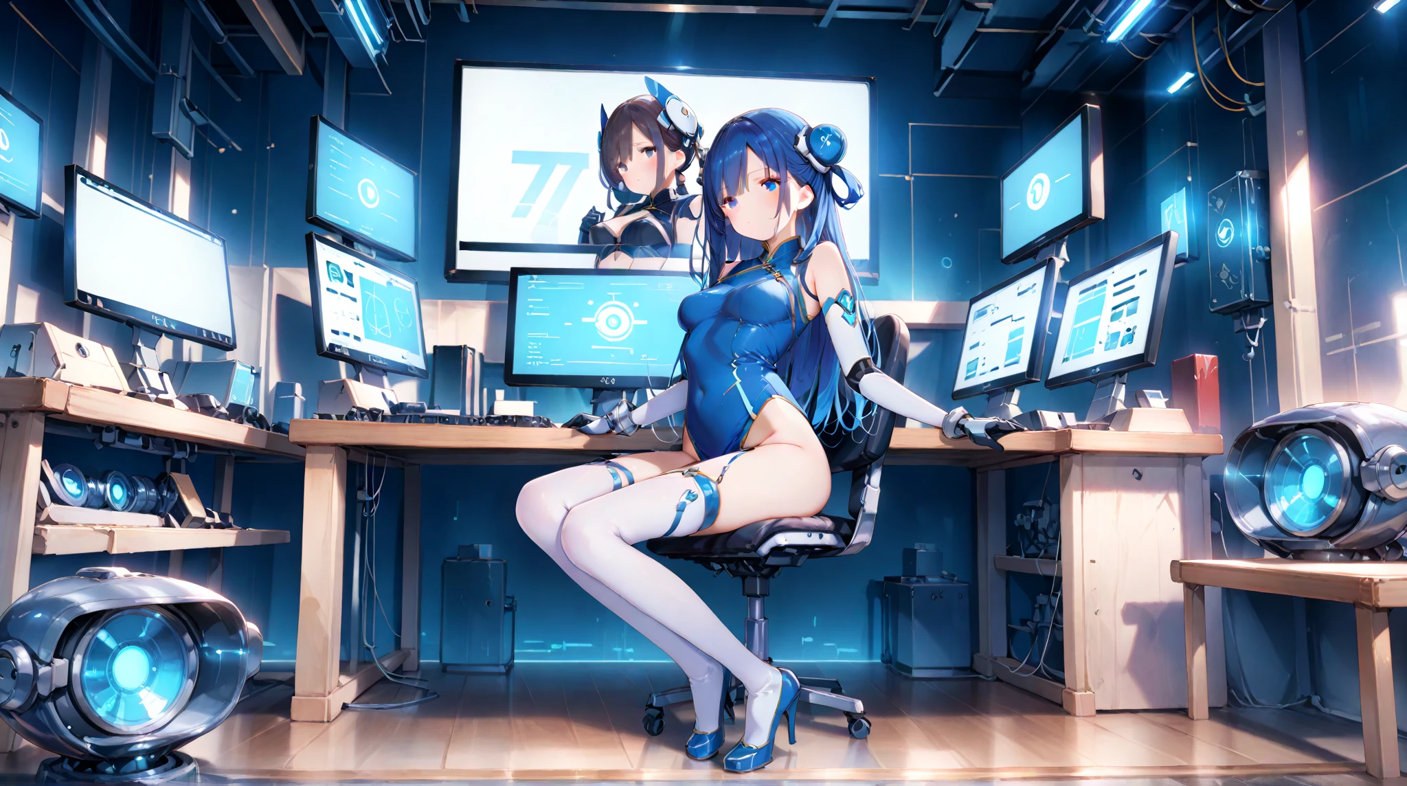 anime girl with headphones sitting on a chair with a computer, cyberpunk art inspired by Masamune Shirow, pixiv, neoism, cyberpunk oppai, biomechanical OPPAI, best anime wallpaper 4k konachan, modern cyberpunk anime, cyber school girl, female cyberpunk anime girl, chica anime cyberpunk mech, anime ciberpunk digital!!