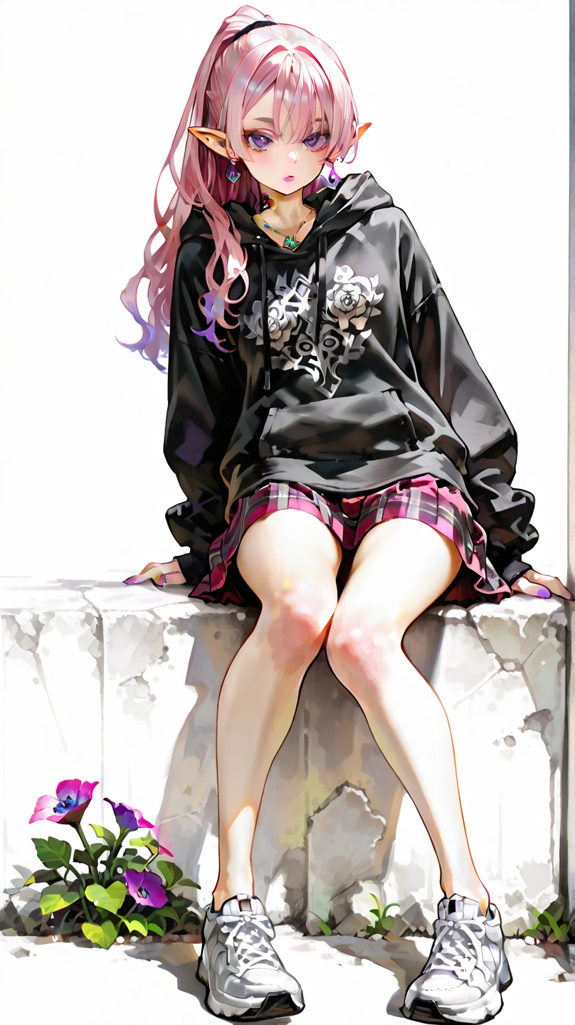 1girl, pink hair, pink eyes, fishnet socks, hoodie, black shoes,