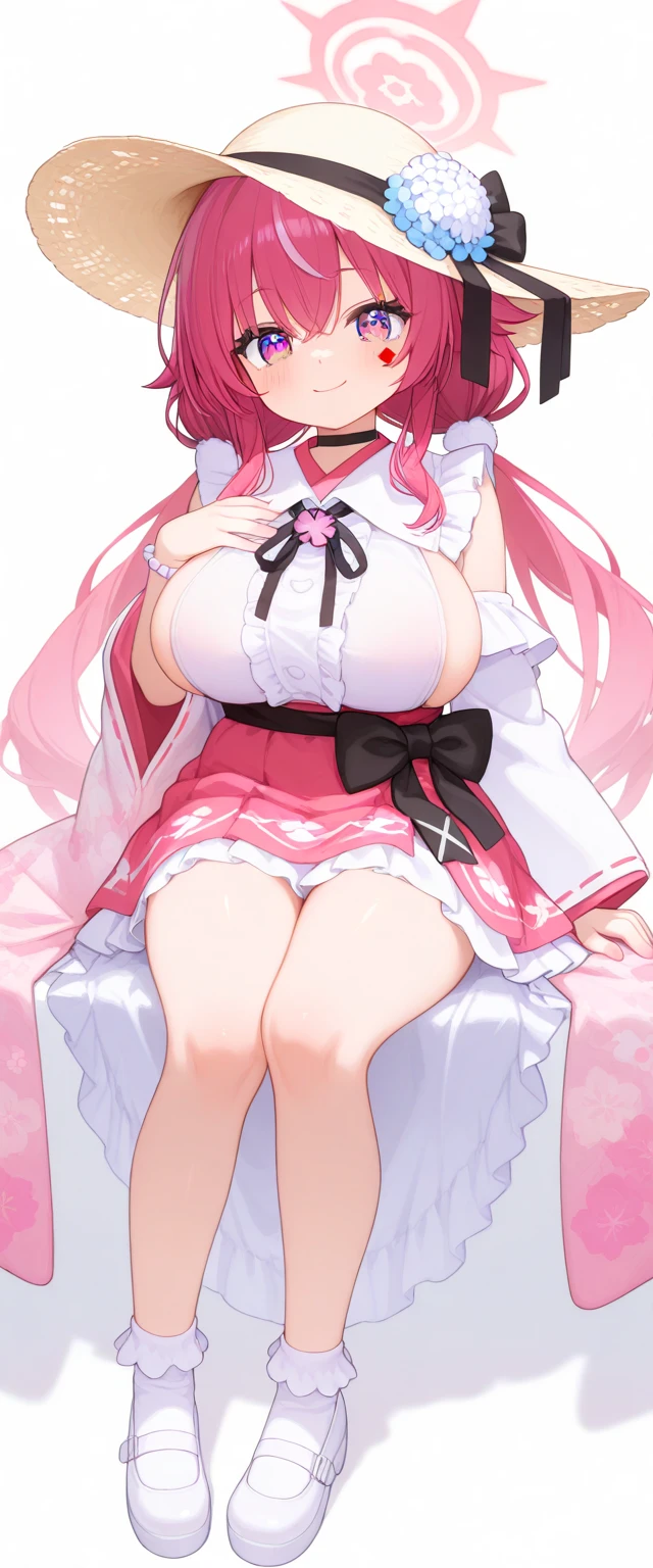 masterpiece, best quality, highres, miko1, sakura_miko, 1girl, big_boobs, solo, ahoge, x_hair_ornament, pink_hair, floral print, hairclip,(side_less_clothes:1.5), (side_boobs:1.5), hair_bell, floral print, long_hair, hair between eyes, one side up, white thighhighs, asymmetrical legwear, wide sleeves, open_mouth,(happy:1.3),green_eyes,big_smile,(raise_leg:1.3),plump,apart_legs,(overly_long_sleeves:1.3),),sleeves_past_wrists,hands_hidden_sleeves,sidelock_clothes,solo,hidden_wrists,(XD:1.5),covered_nipples,plump,sunlight,(bare_flank:1.3)