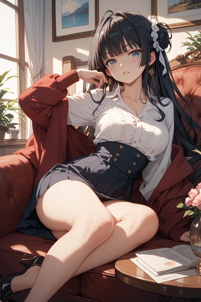 ((table top, highest quality, High resolution, perfect pixel, 4k,))), 1 girl, single, alone, beautiful woman、I could see the whole body、 ((middle wave hair, bangs, brown hair)), ((brown eyes, beautiful eyelashes, realistic eyes)), ((detailed face, blush:1.2)), ((smooth texture:0.75, realistic texture:0.65, realistic:1.1, Anime CG style)), medium breasts, dynamic angle, perfect body, ((santa claus costume、red knit hat、red and white off shoulder sweater、red and white flared skirt、black garter stockings)), classroom without people、sit at desk、evening、((Angle looking up from below))、Very embarrassing panic smile、(lift the skirt with both hands、open your legs、white floral lace panties)