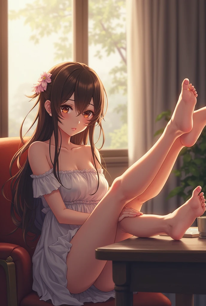 feet up, (masutepiece, High resolution, Photorealsitic:1.3), Attractive woman, (long, Flowing brunette hair:1.2), captivating hazel eyes, (Playful teasing smile:1.1), Sitting down, Legs extended towards the viewer, (Bare legged:1.2), (Soft, Supple sole:1.1), Emphasized focusing on the feet, Subtle sweat shining on the skin, Warm atmosphere, Inviting, (Intimate environment:1.2), Soft lighting, Delicate lace curtains on background, Sensual and seductive, Extreme close-up, Watch the viewer with a sultry gaze,