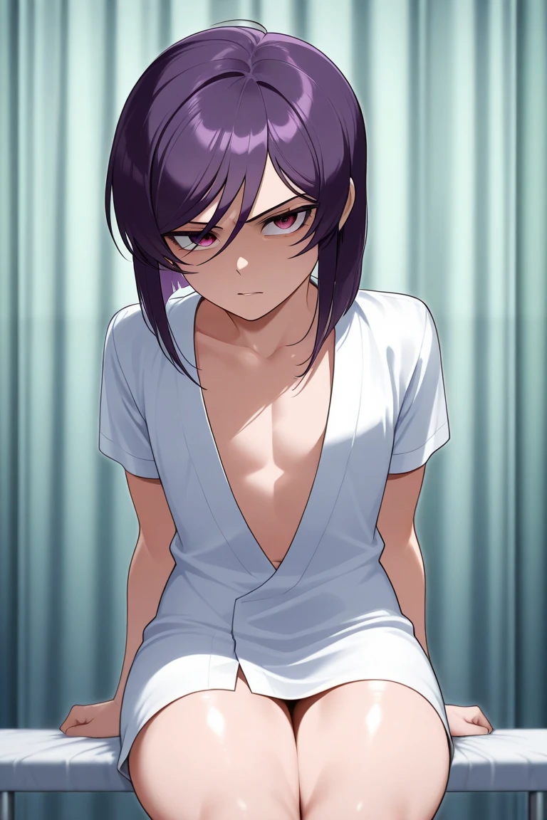 Wanderer smiling softly, half lidded eyes, body shot, bedroom, indigo hair, glowing eyes, ??????????, cuntboy, boy with pussy