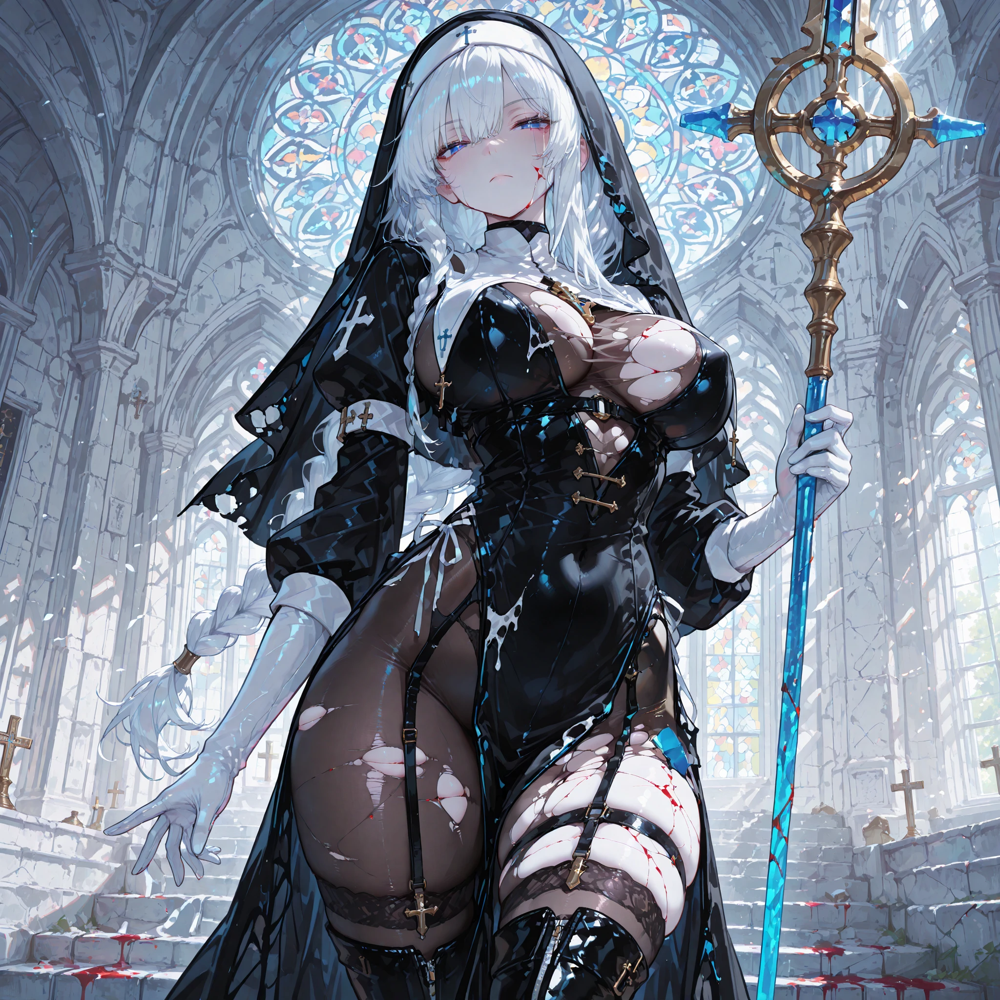(((Beautiful woman))) (((sexy nun alone))) (((dark elf/drow))) (((long white hair))) (((fantasy skin color - dark gray skin))) (((woman alone))) (((big breasts))) (((short nun clothes))) (((violet eyes))) (((full body on knees praying))) (((high heels and tights))) (((necklace with cross))) (((praying))) (((chain in arms))) (((1woman))) (((perfect face))))) (((drow godness)))