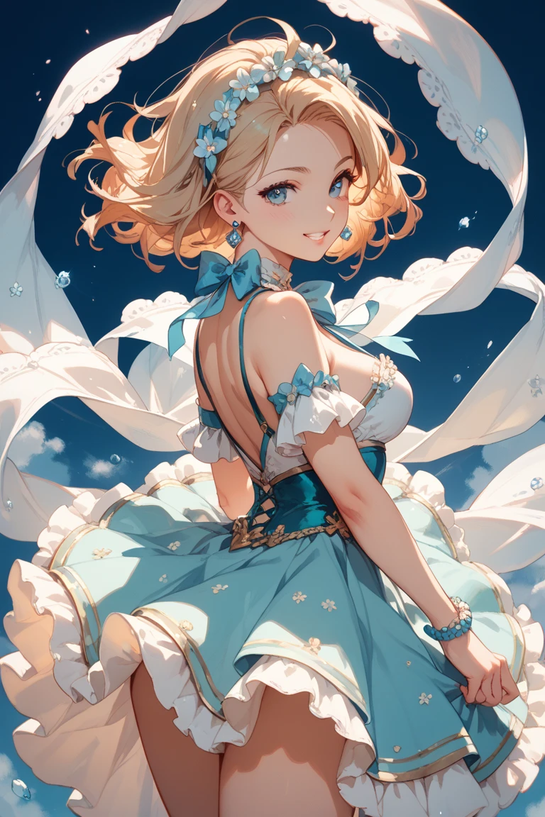 Bella is a ballerina with a blonde-haired bun, sky blue eyes, a beauty mark on her left, light pink lips and fair skin. She wears a blue dress with a blue tutu, a blue choker, and blue ballet shoes.  SPARKLE; GLITTER