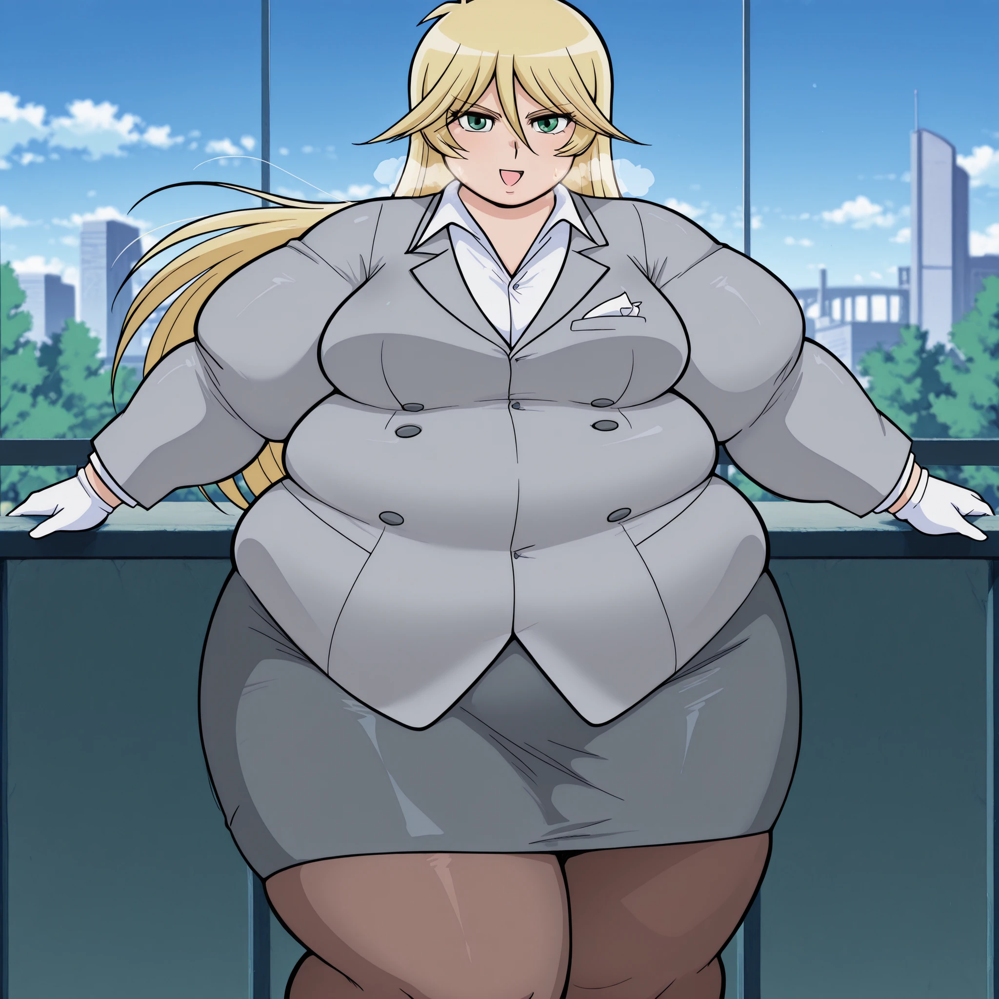 1girl, top-heavy figure, ((((incredibly big chest)))), ((((big tits)))), (((saggy chest))), pout, embarassed, wide, (((obese))), (((fat))), ((love handles)), double chin, out of shape, obese, fatty, tall woman, (milf), big height, mature, standing, full body, bbw, ssbbw,, Hyasaka Ai, blonde hair, blue eyes, very long hair, black bikini, pantyhose, high heels