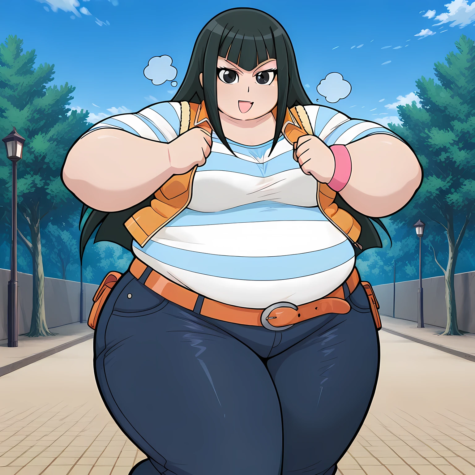 absurdres, highres, masterpiece, best quality, amazing quality, official anime artwork, screencap, anime screencap, outdoors, looking at viewer, light smile, dynamic pose,
Carly Nagisa, 1girl, solo, long hair, black hair, bangs, blunt bangs, breasts,, carly-casual, black eyes, striped, striped shirt, pants, wristband, shirt, vest, denim, jeans, belt, fat, chubby, obese, gigantic arms and legs, large breasts open mouth, out of breath