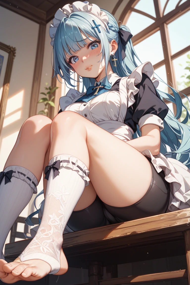 highest quality, masterpiece, ((1 girl:1.5)), ((smile:1.3)), (blush:1.3), Black Shirt, blouse, ((fun!!)), (Small breasts), Blonde, (Long sleeve), ((White apron:1.5)), ((Maid)), ((hair ornaments)), Kamimei, look at me, ((in house:1.5)), Taking a break from watching the audience, ((knees to chest:1.5)),, (Highly detailed pink striped panties:1.3), (Highly detailed panties:1.3), ((Panties fully exposed:1.5), Light blue eyes, long hair, Glowing Eyes