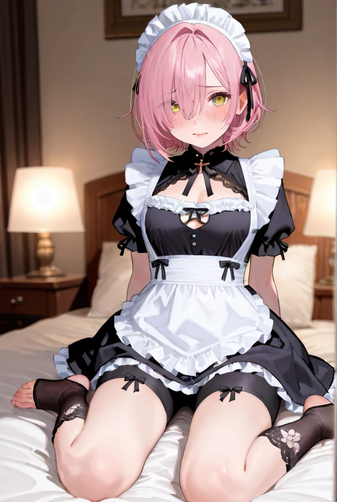((masterpiece)), ((best quality)), ((highly detailed)), (original), ((delicate background)), ((extremely detailed 8K wallpaper)), sweet, depth of field,
BREAK
((maid clothes)), ((scanty clothing)), lots of frills, big breasts,
BREAK
curly hair, faint pink hair, short hair,
BREAK
((heart-shaped eyes)), pink eyes, tongue out, blush,
BREAK
1girl, solo, cute girl, 15 years old, shiny skin,
BREAK
full body shot, on the bed, ((wariza)), looking at the viewer,