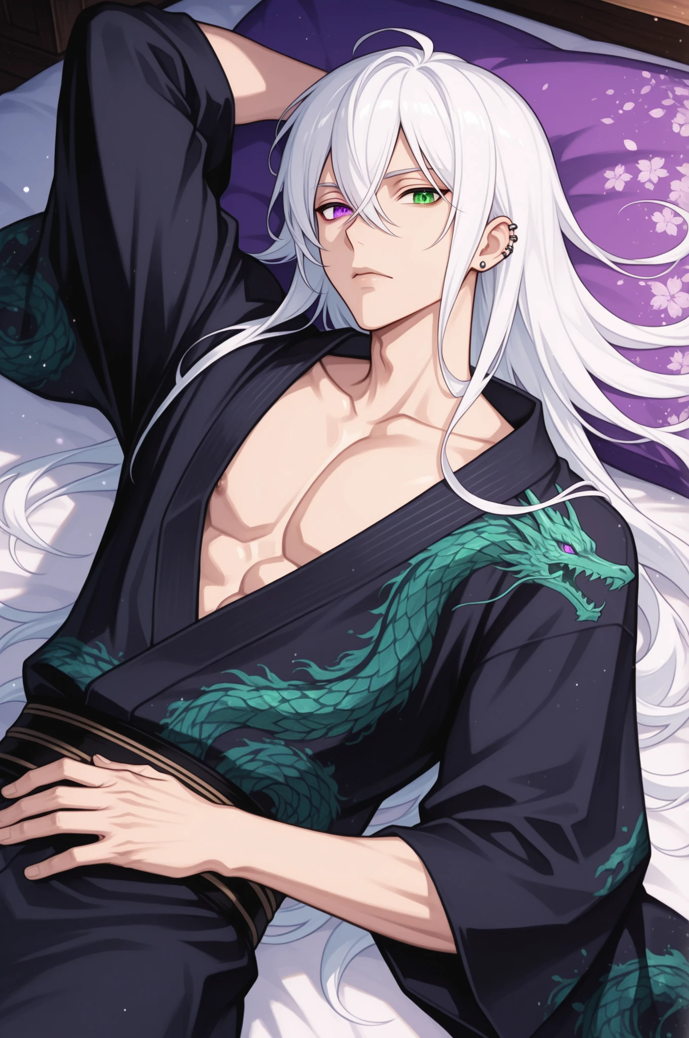 male, handsome, tall, finely detailed purple and green heterochromia eyes and detailed face, puffy lips,, ((very long white hair)), more details, humanoid dragon-god, looking at the viewer, light skin, lying down on bed, detailed textures, (((male focus))), masculine, semi-realism, single character, black yukata, piercing,masterpiece, best quality, ultra detailed, 8k unity wallpapers, ray tracing, illustration, colorful, cinematic shadow, extremely detailed background, fantasy character, dnd,bishounen,tsurime,, ultra-detailed, intricate details,masterpiece, best quality, amazing quality, hyper-detailed, newest, very aesthetic