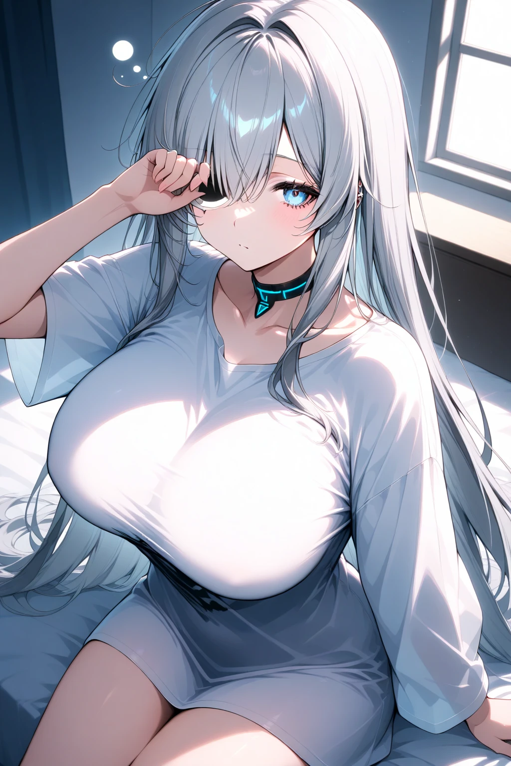 ((obra maestra)), ((mejor calidad)), (ultra detallado), ((extremadamente detallado)), 4k, (8K), mejor calidad, (Hermoso), estilo animado, mirar hacia arriba desde abajo, bar, noche, a pretty girl, 1 chica, solo, traje, Hermoso rainbow hair, Hermoso blue eyes, ((Hermoso eyes)), De piel blanca, pendientes, collar, sonrisa