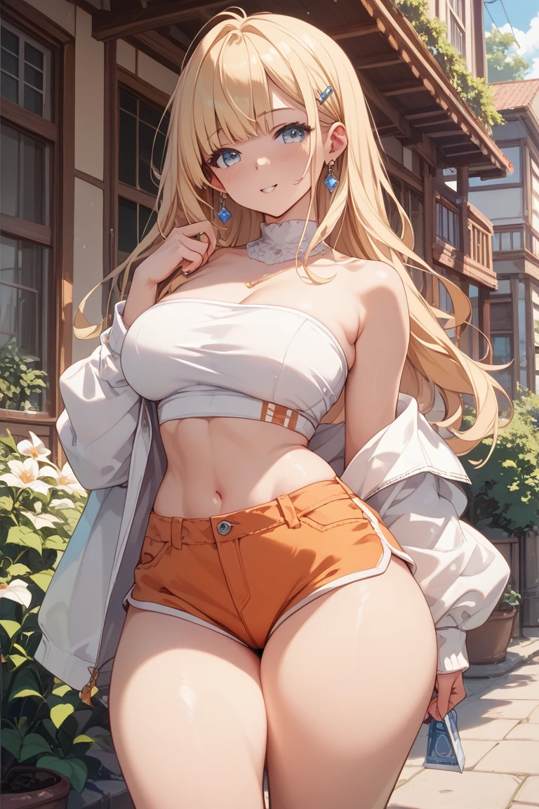 realistic image, coherent image, detailed image, 1 beautiful elf, She has long, straight and silky blonde hair, long eyelashes. Ruby colored eyes. Her face is oval and delicate, smiling. She is wearing a T-shirt showing her navel, ripped shorts, and sneakers. She has a curvy body, medium breasts, thick thighs, volumetric lighting, natural lighting,