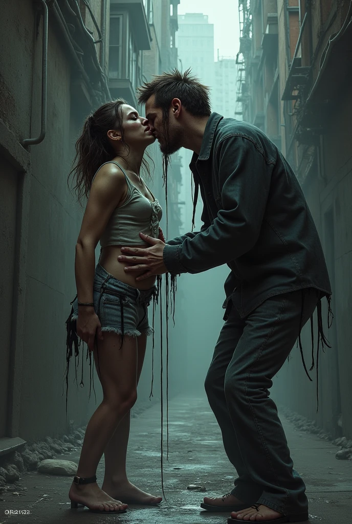 Create two images in one photo: of a man chained by emotional dependence with his wounded and broken heart and of a woman inside a cage due to emotional dependence with her suffering and crying heart. Don't be afraid, but rather show sadness, not suffering, the despair of not being able to free themselves. Both have to be dressed. From the back or from the front or both in one. Raise awareness of emotional dependence for both genders