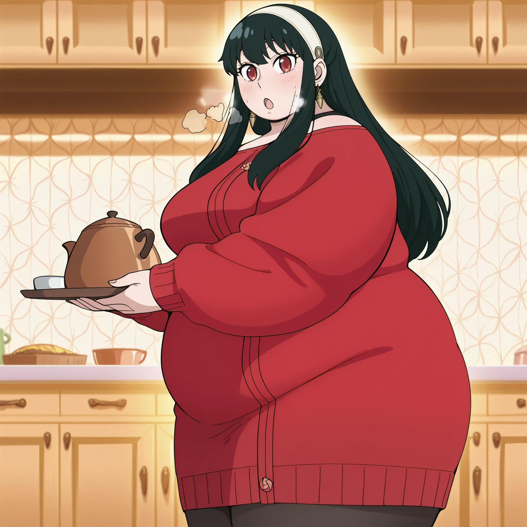 anime screencap, anime coloring, detailed face, masterpiece, best quality, very aesthetic, absurdres, volumetric lighting, official style, amazing quality, ultra detailed,  highres, amazing quality, scenery, beautiful detailed hair, beautiful detailed eyes, detailed fingers,
 
in a kitchen,
Yor red clothes(outfit), Yor Forger (character), 1girl, yor briar, solo, jewelry, black hair, earrings, tray, hairband, holding tray, red eyes, holding, long hair, pantyhose, red sweater, dress, looking at the viewer, open mouth, :O fat, chubby, obese, gigantic arms and legs, large breasts open mouth, out of breath, from side, side view