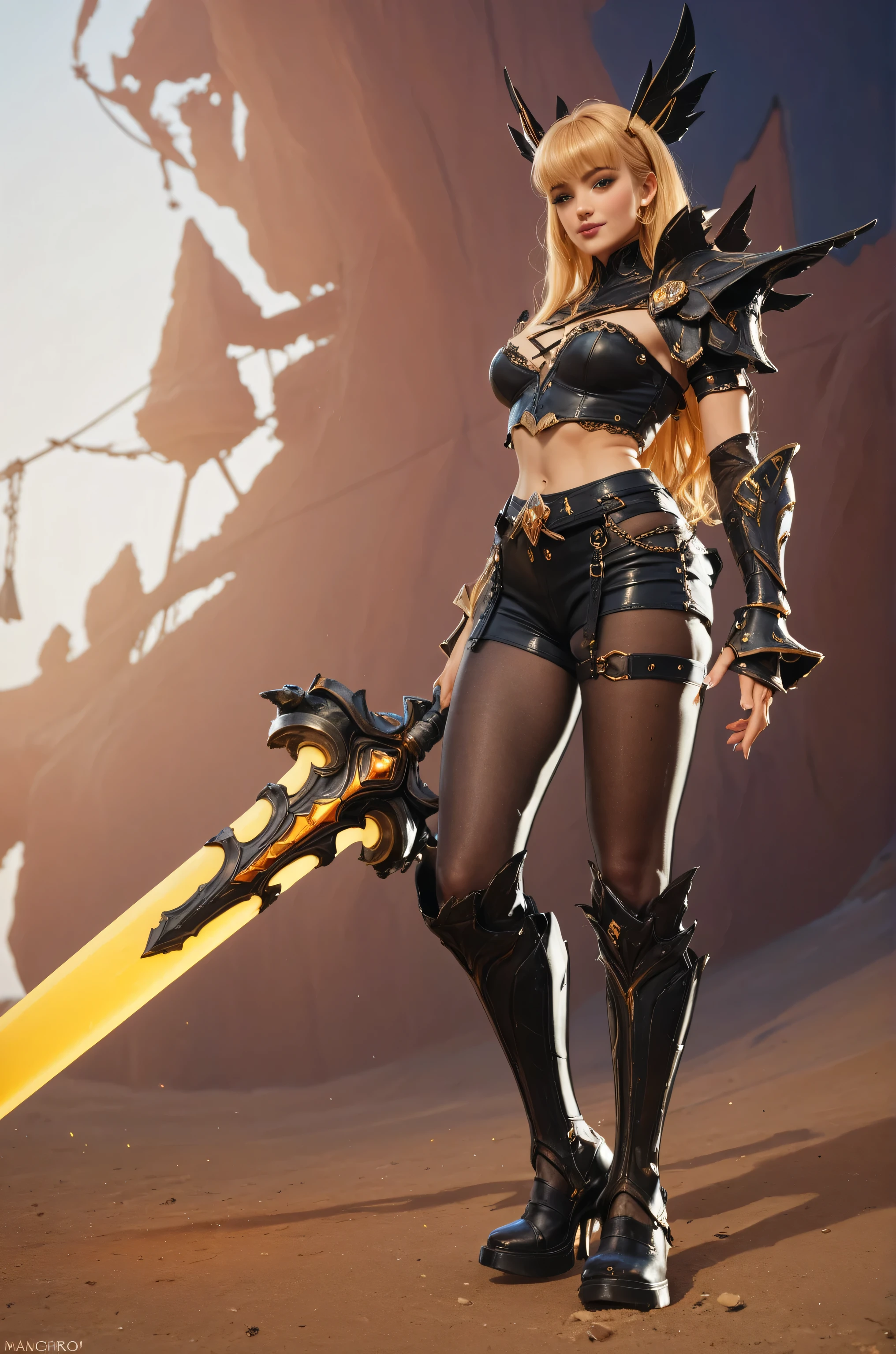 Realistic, medium breasts, very long golden hair, sexy body, slim waist, Magik