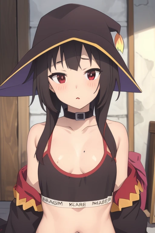 (NSFW:1.4), 1girl,1girl,red eyes,short hair,brown hair,choker,collarbone,short hair with long locks,sidelocks,good hand,small breasts,smile,smug, witch hat,black cape,black thighhighs,bandages,red dress,black gloves,single thighhigh,belt,orange boots,asymmetrical legwear,bandaged leg,((slave collar:1.2))