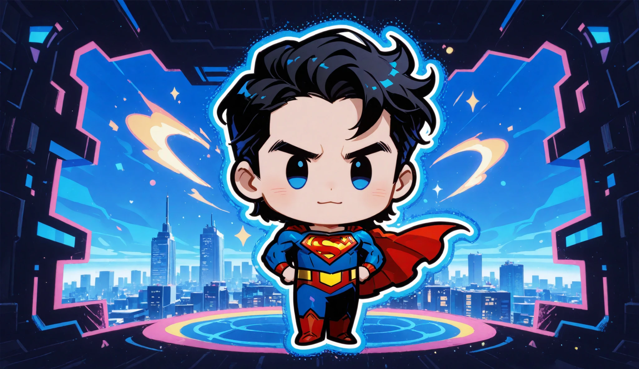 Superman chibi, abstract cityscape, chibi art