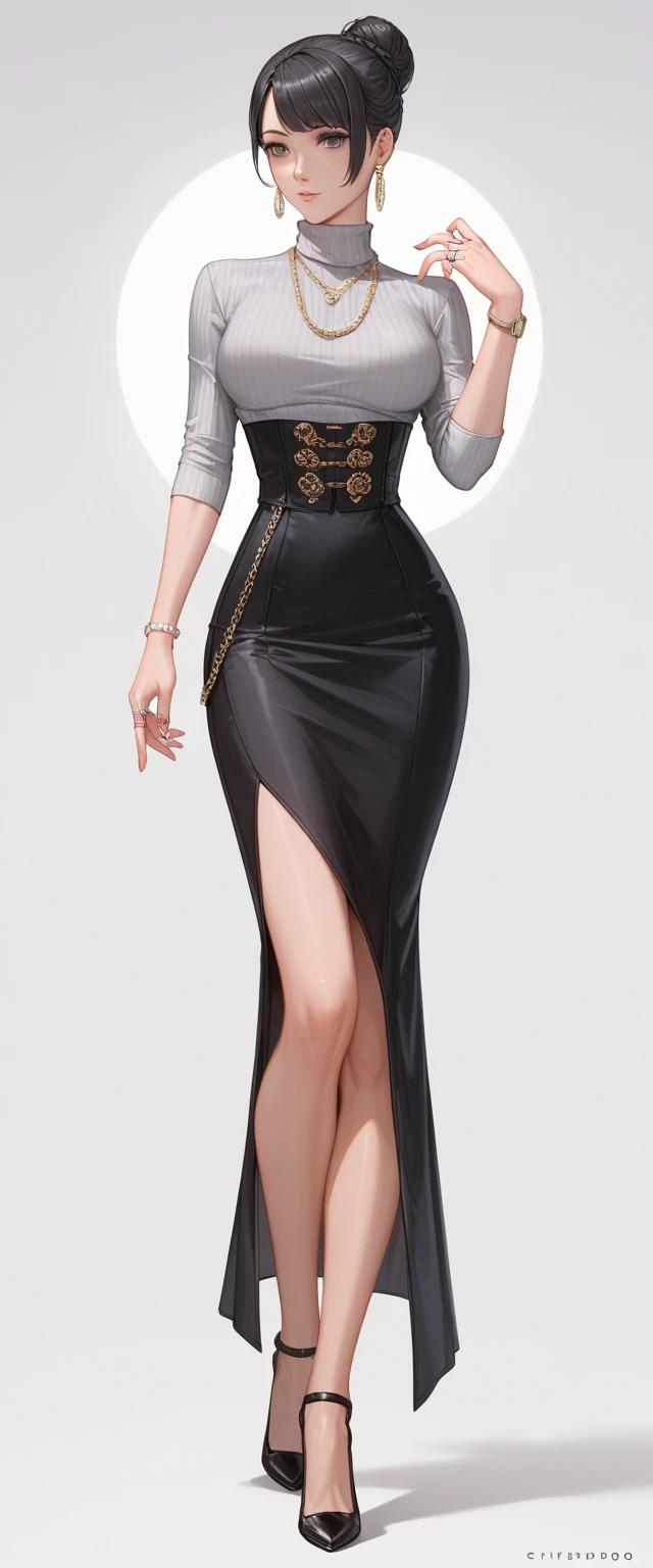 Master of animation, A perfect masterpiece, On a pure white background、Dressed in cool, sexy and modern clothes、Sexy mature modern woman standing, Flowing silver hair, Full Body Stand Posture, Thin legs, ((Large Breasts)), Detailed facial details, Natural and beautiful standing posture, Crisp and realistic body detail,(NSFW:0.8)