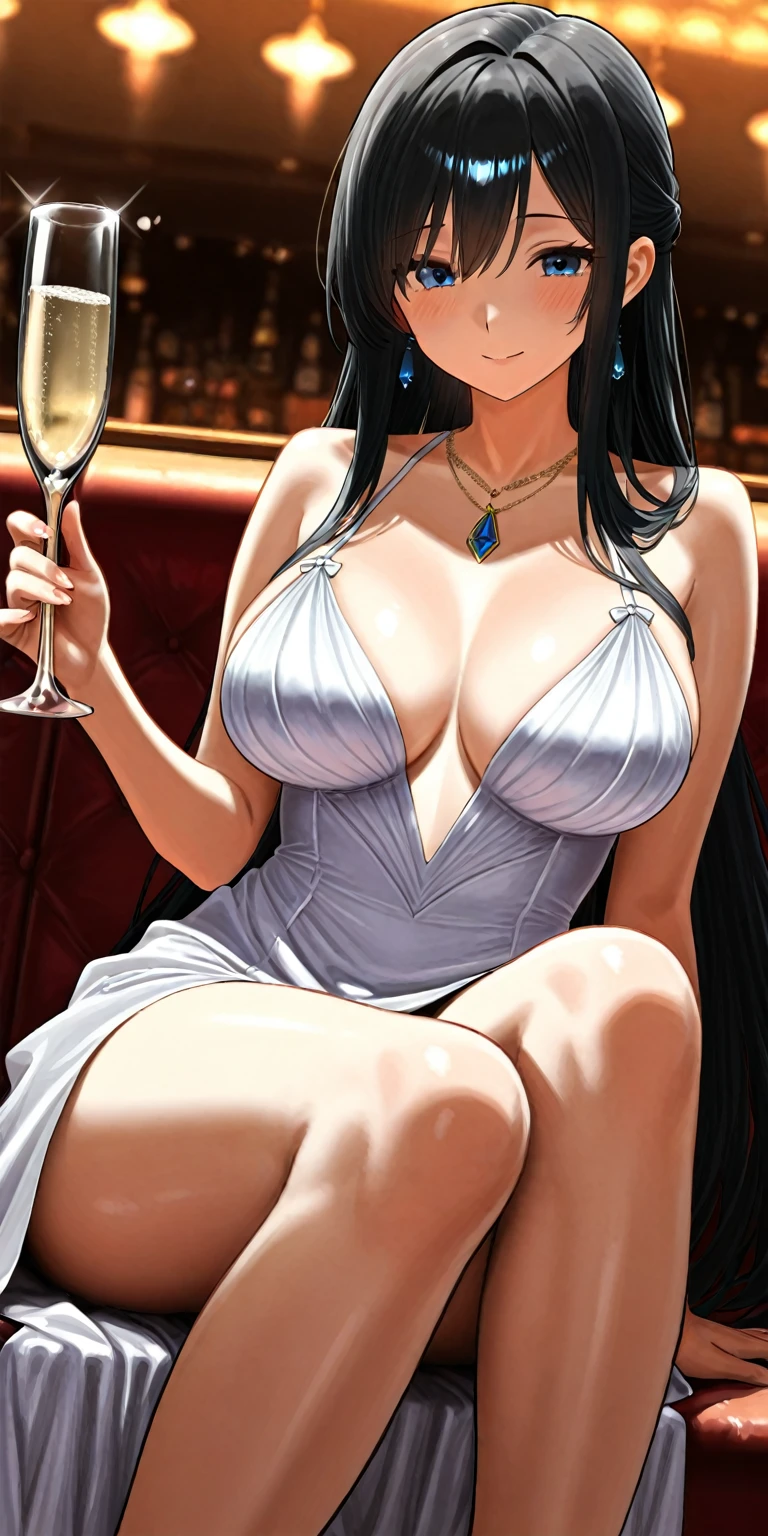 masterpiece, best quality, 1girl, veronica, black hair, upper body, looking at viewer, solo, indoors,smile, curvy, a short, royal blue dress with spaghetti straps, ((huge breasts 1.3))