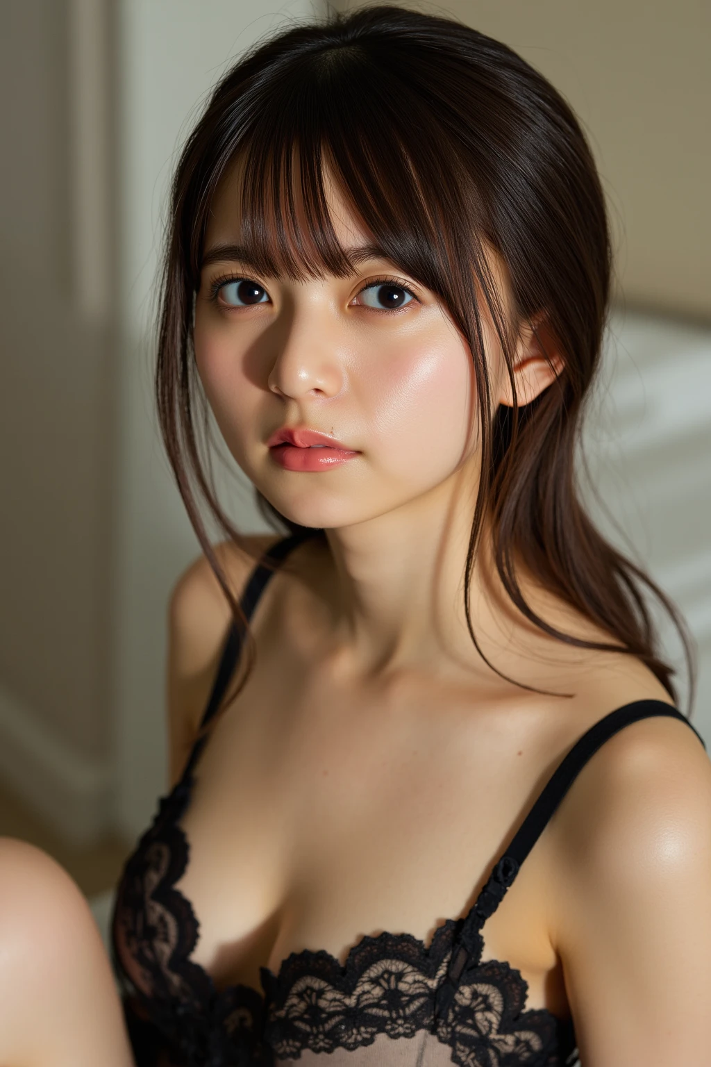 (masterpiece、Ultra-fine 8kCG、Sharp lines)、sakurajima mai、offcial art、Anime-style big eyes with colorful and beautiful Japan、1 pretty woman、ligh brown hair、(Pink Light Lace Mini Bra、Detailed、Detailed red thin lace t-back panties)、dark-brown eyes、cute little、A sexy、downbrouse、(From above、POV:1.2)、Crouching、sface focus、 on face、sexual excitement、Nasal blush、nipple erect、Wet and see-through、Small hard nipple erection:1.4、 through、looking at the viewers、full of shyness、(huge tit、Colossal tits)、cleavage of the breast、