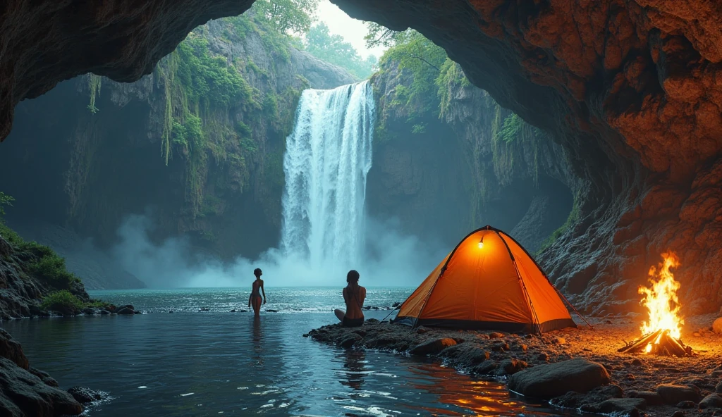 In Jungle River side area and two male friends sitting in tant and seen the rain and there is monsoon whether