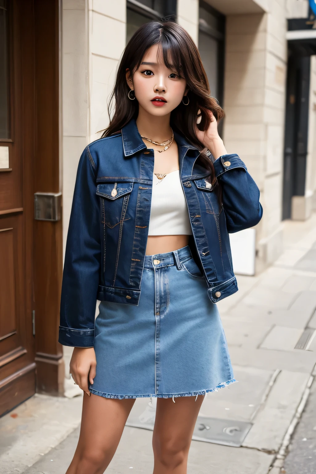 An ultra-high picture quality、Perfect Photo、14Old Beautiful Girl、Japan beautiful girl、Female college student、light skinned、slender、Beautuful Women、(((The shirt)),((Denim Mini Skirt))、Raised mini skirt、Crouch down、