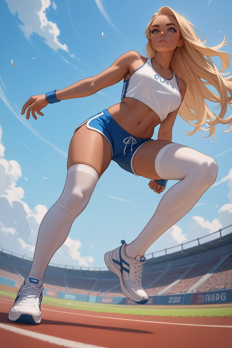 (best quality,4k,8k, highres, masterpiece:1.2), ultra-realistic, photorealistic, photo-realistic:1.37), HDR, UHD, studio lighting, ultra-fine painting, sharp focus, physically based rendering, extreme detail description, professional, vivid colors, age girl, track and field athlete, silver hair, blue eyes, high jumper, back jump, aerial position, from below and side,