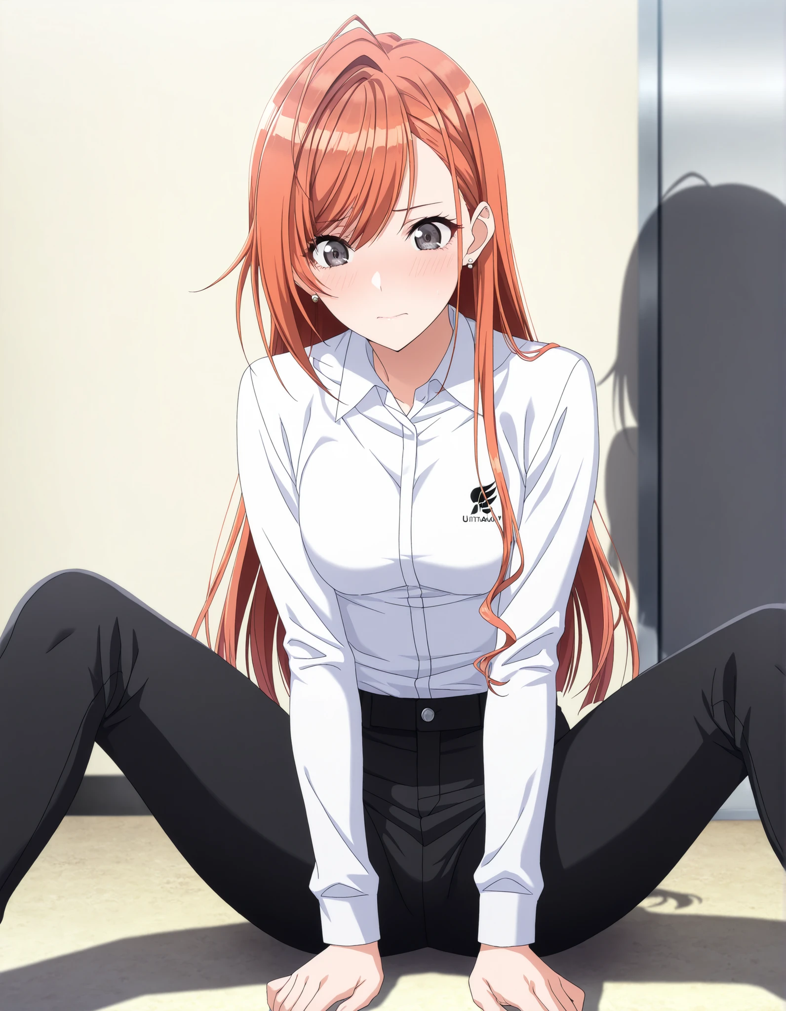 (masterpiece),(best quality),(ultra-detailed),(best illustration),(best shadow),(absurdres),(detailed background),(very aesthetic),arisugawa natsuha, 1girl, solo, orange hair, medium hair, ahoge, high ponytail, swept bangs, (straight hair:1.5), black eyes, small breasts, anime screencap, white shirts, collared shirt, tight shirt, long sleeve, black long pants, long thighs, (aged up), light embarrassed, sitting on ground, spread legs, ,