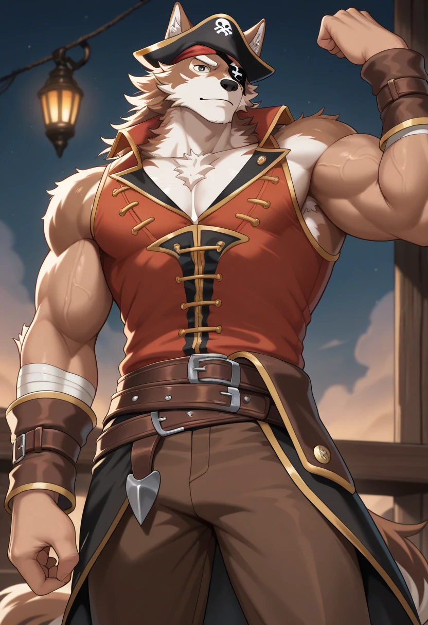 Wolf with red fur and white fur, pirate, muscular, with red tail