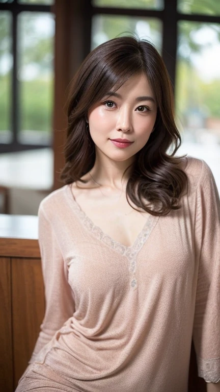 masterpiece, highest quality, Realistic, (One Mature Woman), Upper body shot from the waist up, Yellow V-neck light knit shirt, Cleavage, ((View your audience)), (Thick lips), Open your mouth a little
