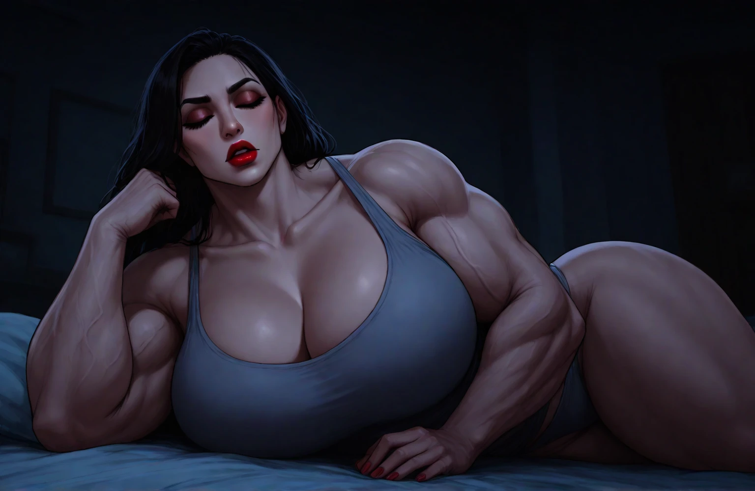 1girl, solo woman, alone (((massive female bodybuilder))) (((huge breasts))) black hair yellow eyes sweaty very long hair pale skin laying in bed blushing dark atmosphere