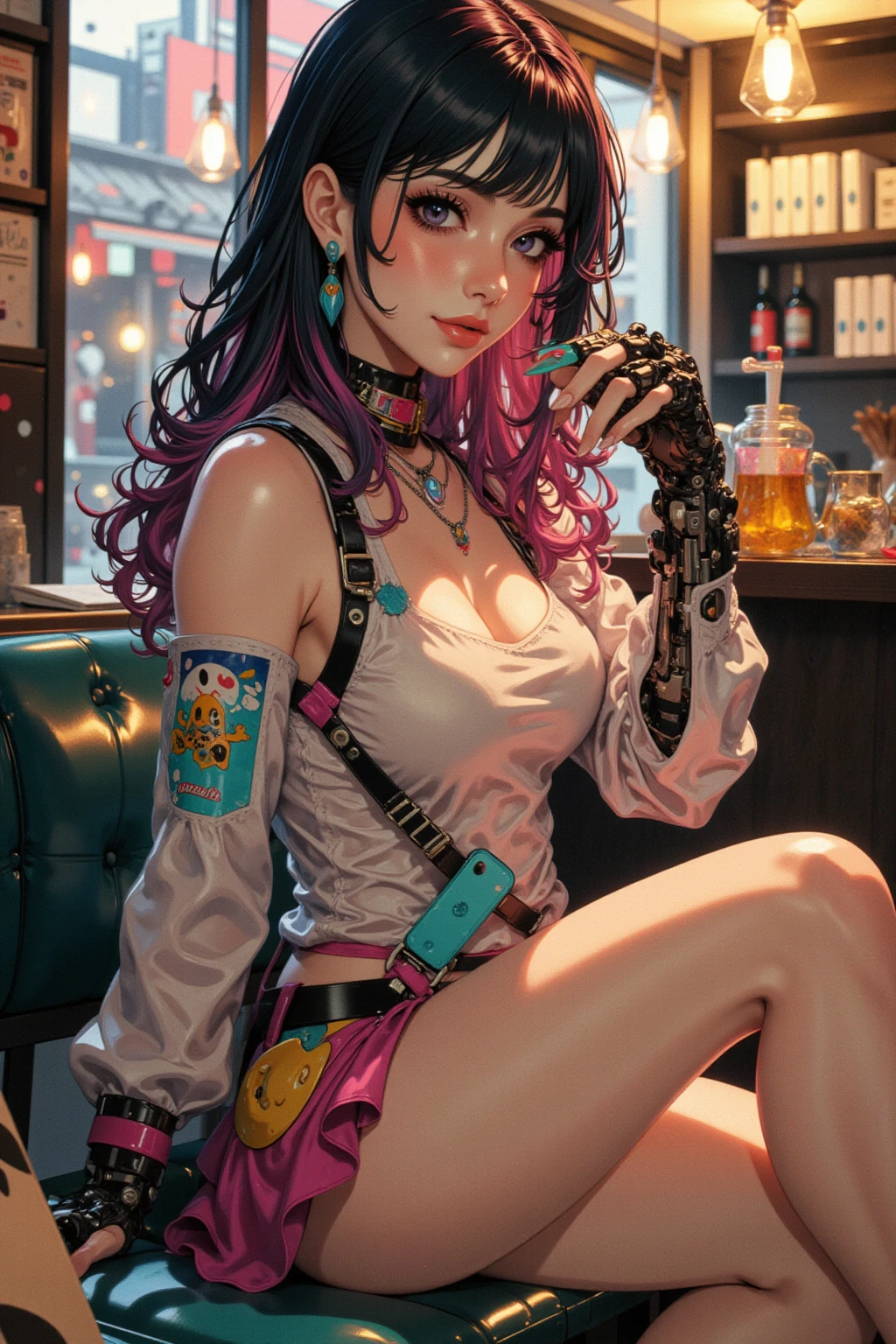 A sultry, seductive punk, piercing, tattoos, ripped stockings, shaved head, rainbow hair, boots, her curves accentuated by the fabric's sheen,1 girl,yuzu