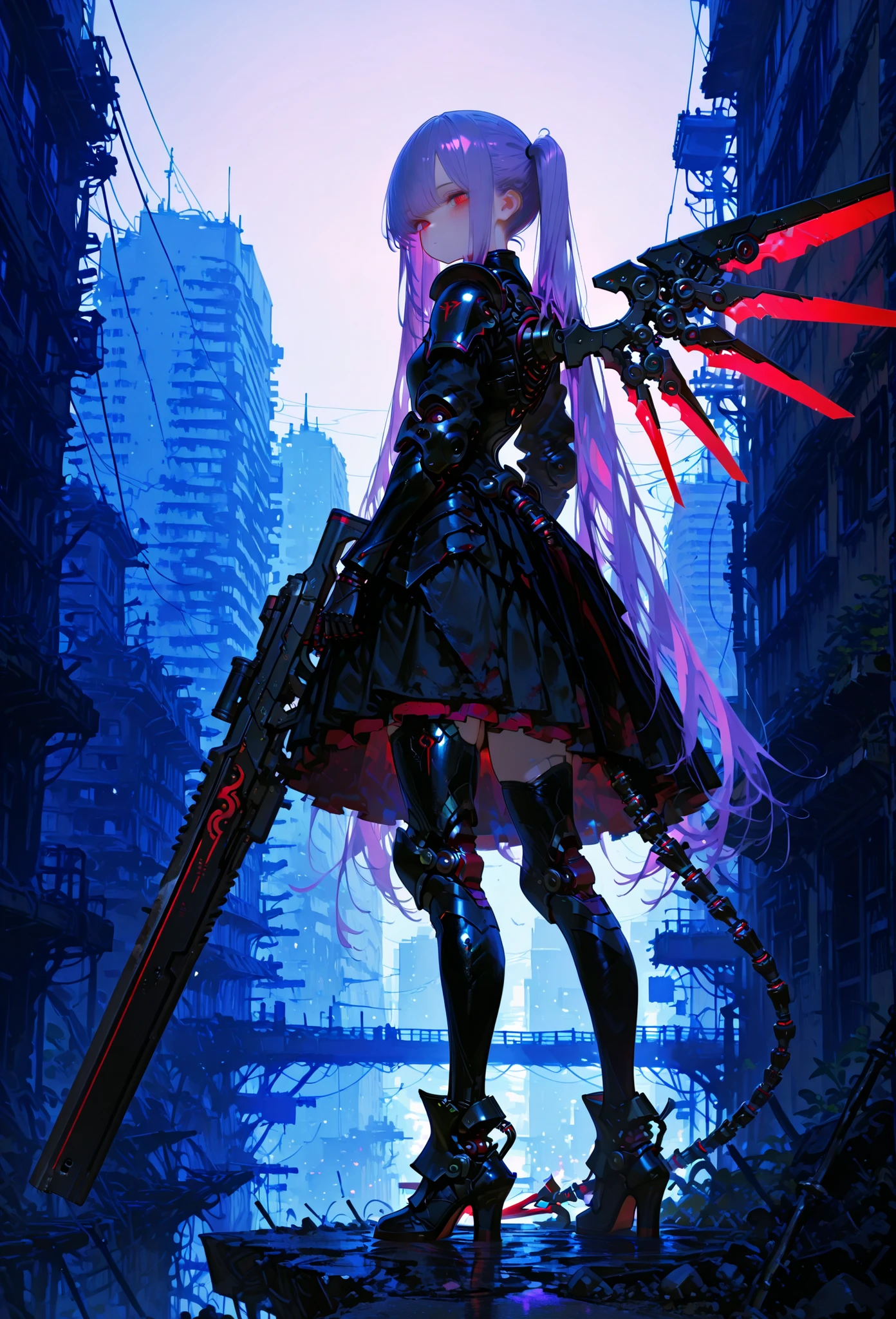 748cmstyle,(score_9, score_8_up, score_7_up,ray tracing:1), ), (masterpiece, best quality, amazing quality, masterpiece, 4k, high quality, detailed art), anime, 1 girl, very long twintails purple hair, red eye, medchests, black armored dress, artificial limbs, mechanical tail, mechanical wings, holding railgun, standing, in ruined cityscape.