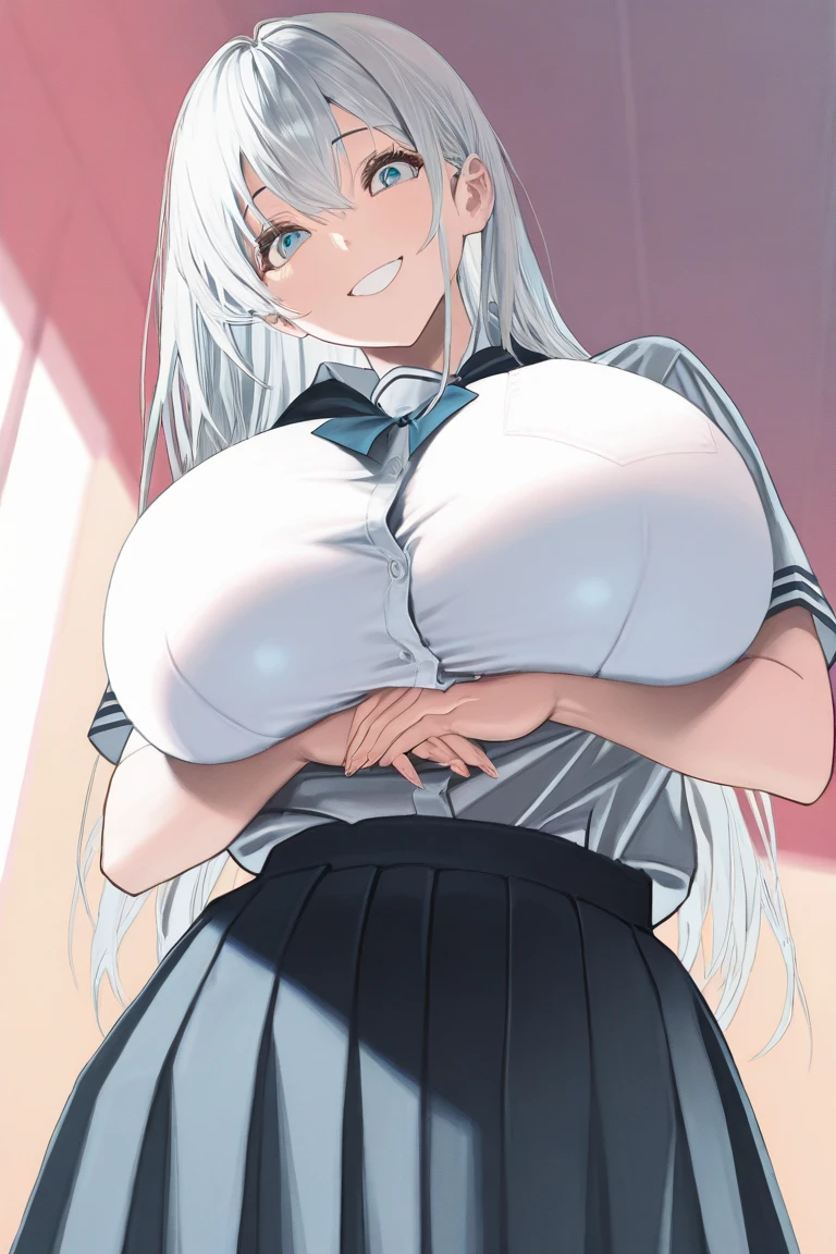 (chef-d'artwork, best quality:1.2), unryuu \(kancolle\), 1fille, seulement, ((seins gigantesques)), clivage, long braid, single braid, messy hair, asymmetrical hair, scrunchie, chemise blanche, chemise à col, jupe noire, Arms on the sides, debout, office lady, pencil skirt, short sleeves, white hair, very long hair, button gap, pantyhose, black pantyhose, dark-skinned female, indoor, heterochromia, blue eyes, green eyes, standing,
