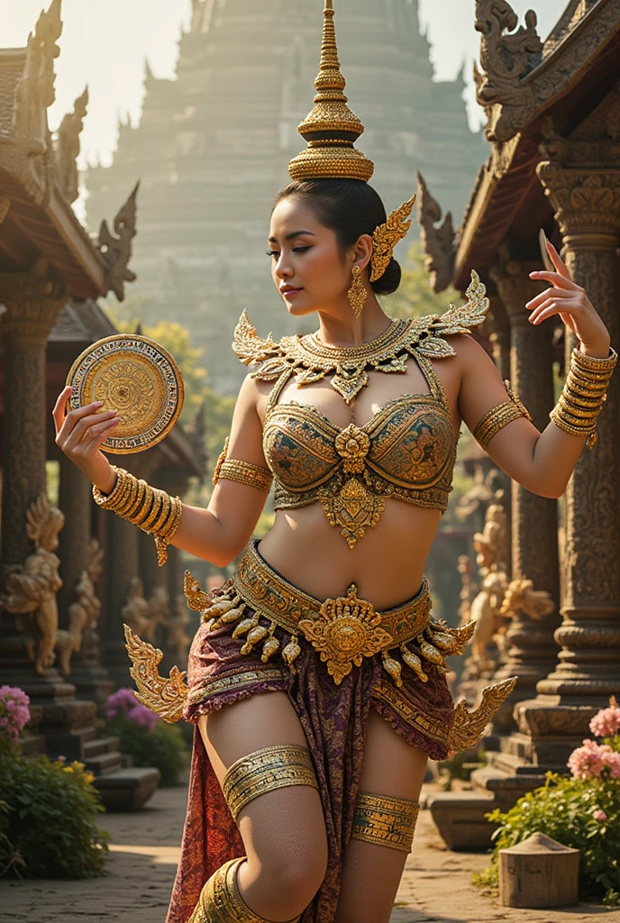hyper realistic photography (ultra detailed object) shade backlight lighting treatment naturally, an indonesian girl naked, good body curve, showing her big breast & hard nipple with flashing pussy, only wearing traditional bali`s pendet dancer golden head band tiara, she is dancing balinese traditionaly move her hips sensually, show the curve of her body, big breast with brown nipples, dark dramatic mood, backlight mysterious, mystical shoot, 1 source of light a tungsten lamp on the corner on traditional balinese home