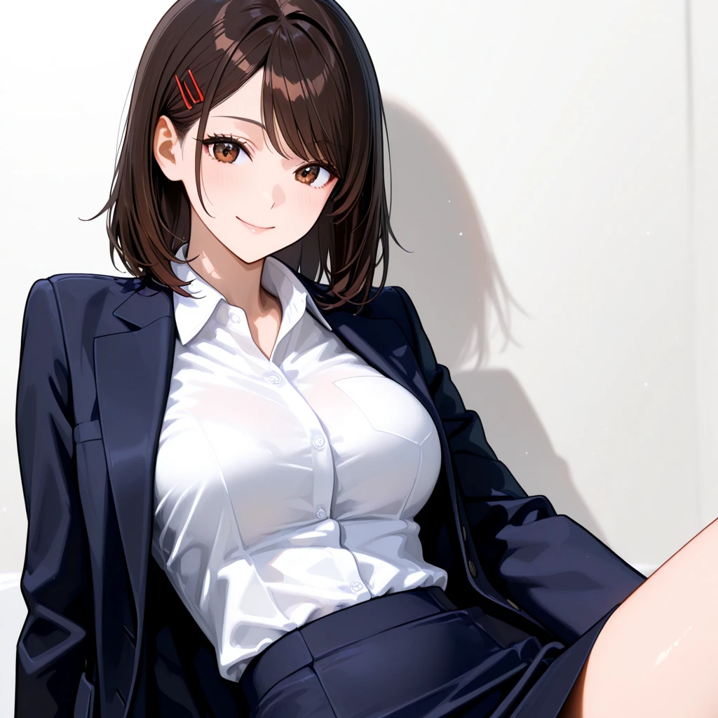 ((Tabletop, highest quality, High resolution, , Pixel perfect, 4K,))), 1 female teacher, single, alone, beauty、The whole body is visible、 ((Mid-wave hair, bangs, Brown Hair)), ((Brown eyes, Beautiful eyelashes, Realistic eyes)), ((Detailed face, Blushing:1.2)), ((Smooth texture:0.75, Realistic texture:0.65, Realistic:1.1, Anime CG Style)), Mid-chest, Dynamic Angle, Perfect body, (( , , Braless female doctor in a white coat、、, 、))、、Very embarrassing panic smile, 、Black flared skirt、classroom、Sit on a chair、、、(Showing off her blue floral lace panties、Spread your legs)、Angle from below)、