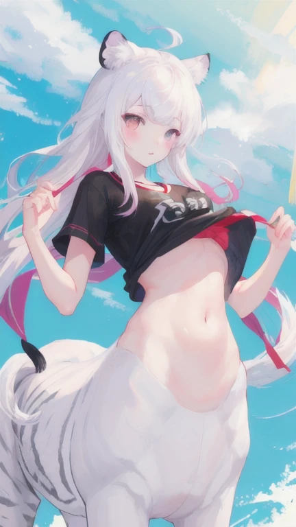 (best quality, masterpiece), 1 girl, centaur, It takes, White skin ,belly button t-shirt, 아름다운 소녀 perfect white tiger photo, perfect white tiger photo
