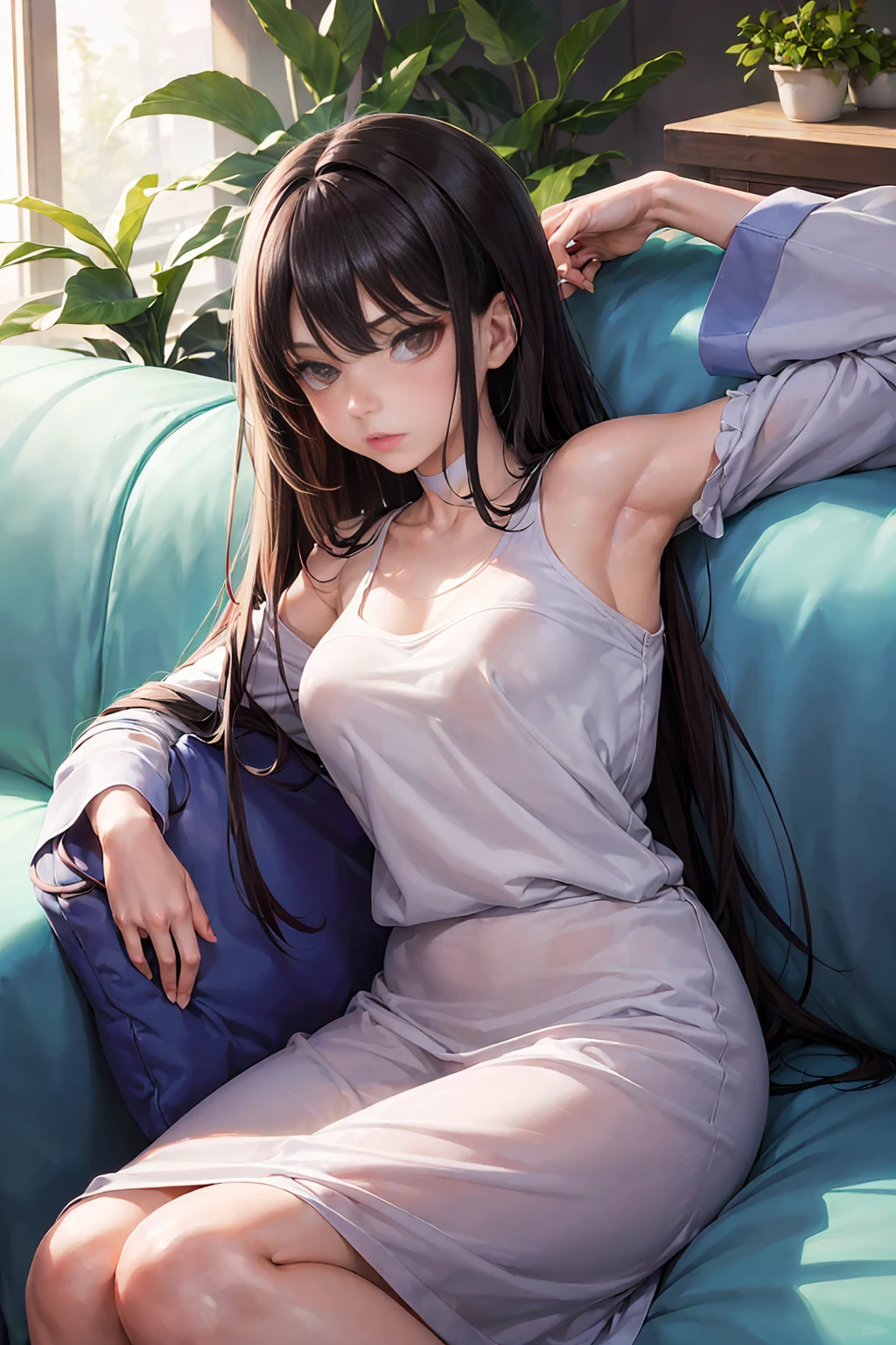 girl, solo, face of disgust, black hair, long hair, blue eyes, looking at viewer, sitting, nude, naked, ((nipple)), ((breasts milk)), large breast, showing breasts, pussy, cum on body, sweated, cum in pussy