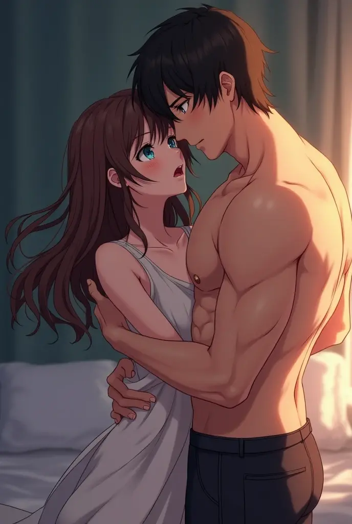 Chocolate haired girl in a strip club watching a muscular guy pole dancing he&#39;s blonde with a sweet face and no anime style hair