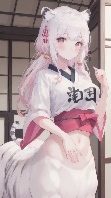 (best quality, masterpiece), 1 girl, centaur, It takes, White skin, 19 year old Japanese female student , exposing the abdomen,belly button t-shirt, 아름다운 소녀 perfect white tiger photo, perfect white tiger photo