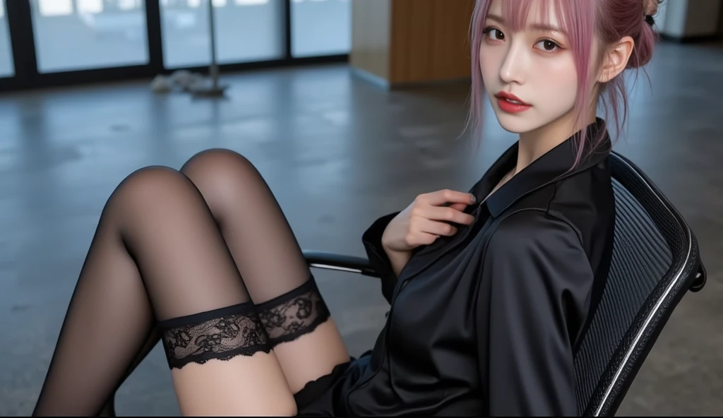 Beautiful detailed girl, very detailed eyes and face, beautiful detailed eyes, (full body), 1girl, 16 years old, long hair, side split, (with glasses), (lying on the side in bed)), (nightdress), (perfect body 1.3) black stockings, super detailed, high resolution, best quality, masterpiece, illustration, fine details, masterpiece, 8k wallpaper, movie lighting,