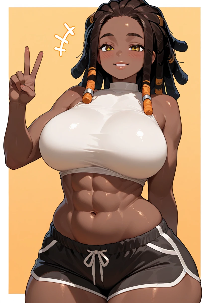 masterpiece, best quality, finely detailed, high resolution, 1girl, by buta99, by chelodoy, by spikedmauler, by cervina7, solo, female, ((hair, snout)), lips, big ass, eyelashes, standing up, happy, eyeliner, big breasts, cleavage, cameltoe, yellow eyes, sexy, African American, black skin, tan skin tone, long curly black curly hair, Afro hair, brown skin, small , black girl, sexy, slim waist, skinny, slim, skinny, milf, thick thighs, pretty, pink clothes, evil , sparkles, pastel background, black lipstick, black curly hair, braids, skinny, black skin, tan skin,