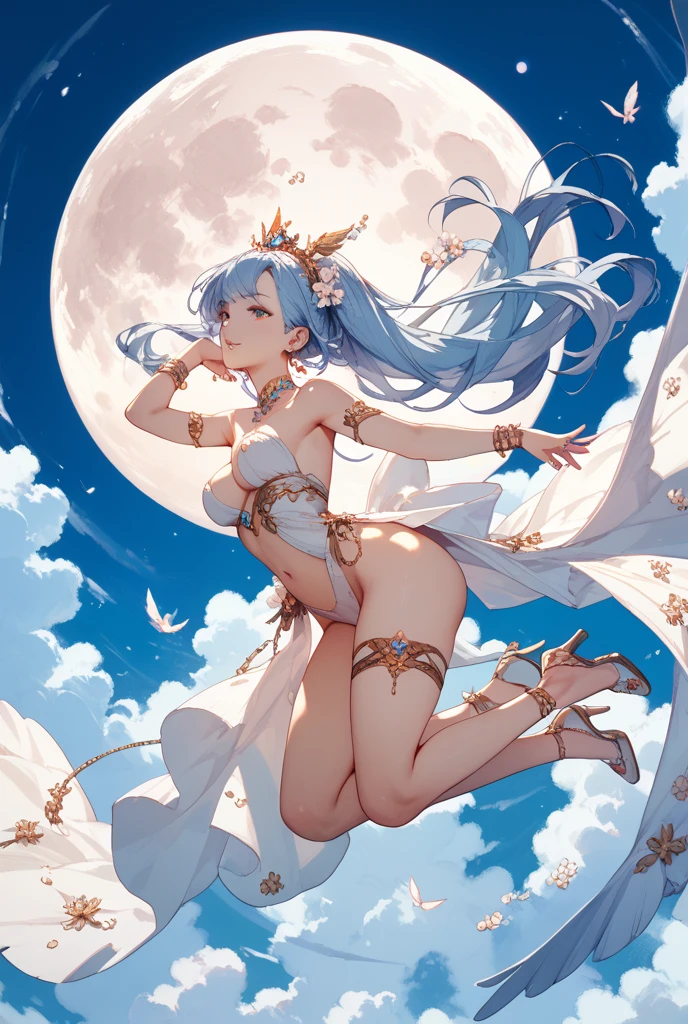Beautuful Women，no clothes are worn，F-cup，folding fan，Blue headband，large moon，the night，Anime style