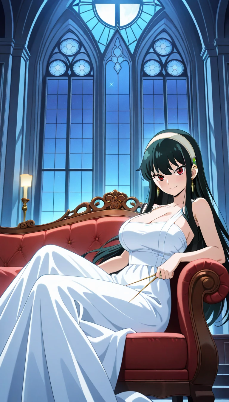a woman wearing a white dress, in a luxurious house, eye red, hair black.