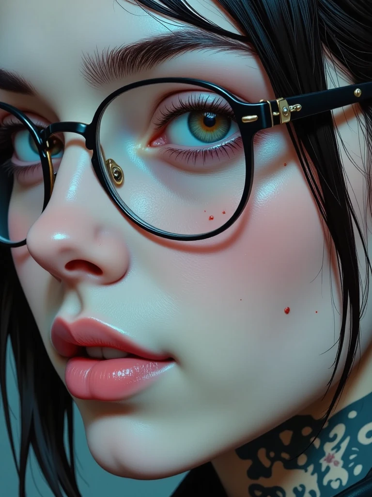 dynamic close-up of the upper part of 1 Extremely slim and beautiful woman, perfect body, shapely face, skin with highly detailed depth, she stands Against a brick wall, (haircut, black hair), (detailed eyes, eyes large and light brown and shiny, curved eyelashes, big glasses), (sensual mouth), wearing short sweater showing shoulders, ultra realistic image vibrant and perky, (she is all wet), dynamic vision, high quality 32k, hyper-realistic, cinematographic.