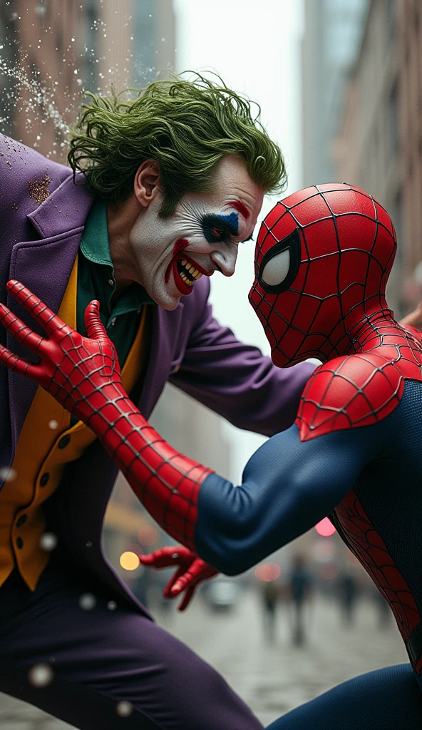 Joker hitting spiderman punch at his face