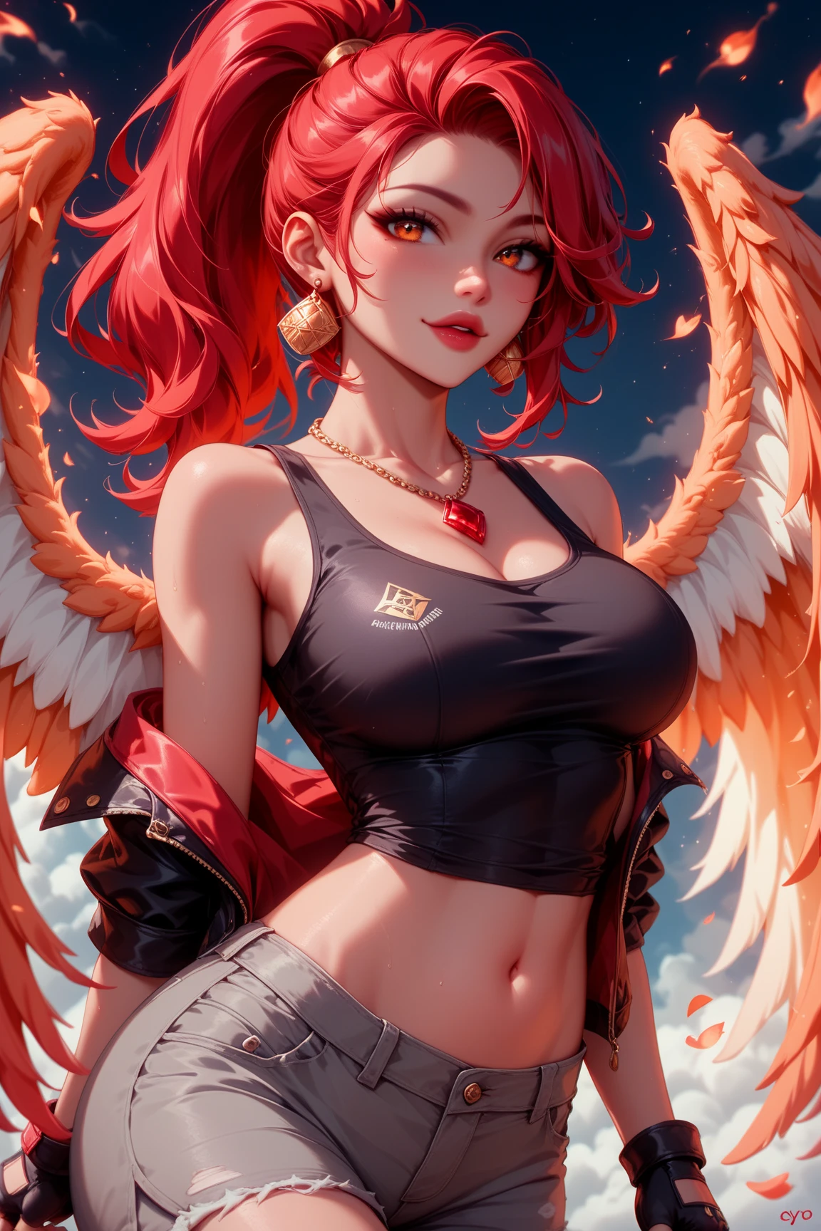 Top quality, ultra high resolution, (photorealistic: 1.4), Japan people, attractive faces. Model face. Thin. Smile, bikini, beautiful details, orange hair. Big tits. Miniskirt. Earring. Detail. Vivid? On the back large wings. Short hair. Tiara. Orange lightning. Thundercloud. Thunder. Temple. God. Get on your knees. Kneeling. Robe of feathers. Pigtails.