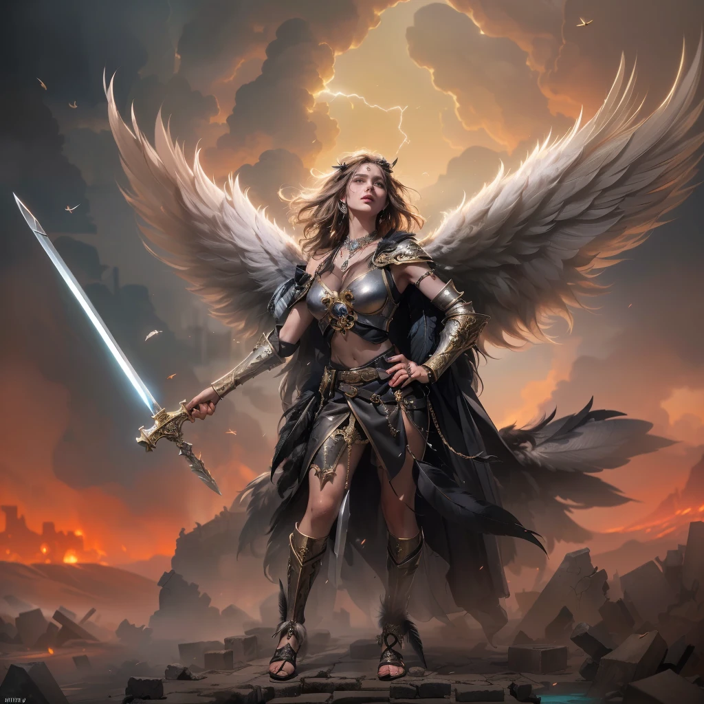 (best quality:1.2,comics art:1.1,vivid colors,victorius scene,beautiful vintage angel warrior woman with very big bulky white wings, WIELDING one sword,((dark RED ARMOR with gold embroid details)),little breasts, determined face expression,(((corpo de frente para o observador))),storm and lightning dark blue sky background,dramatic lighting)
