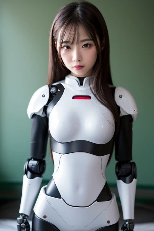 masterpiece, best quality, extremely detailed, Japanese android girl,Plump ,control panels,robot arms,robot,android,cyborg,white robot body,ceramic body,perfect robotgirl,blunt bangs,robot repair plant,chubby,pantyhose,platform sneaker,blue eyes,
