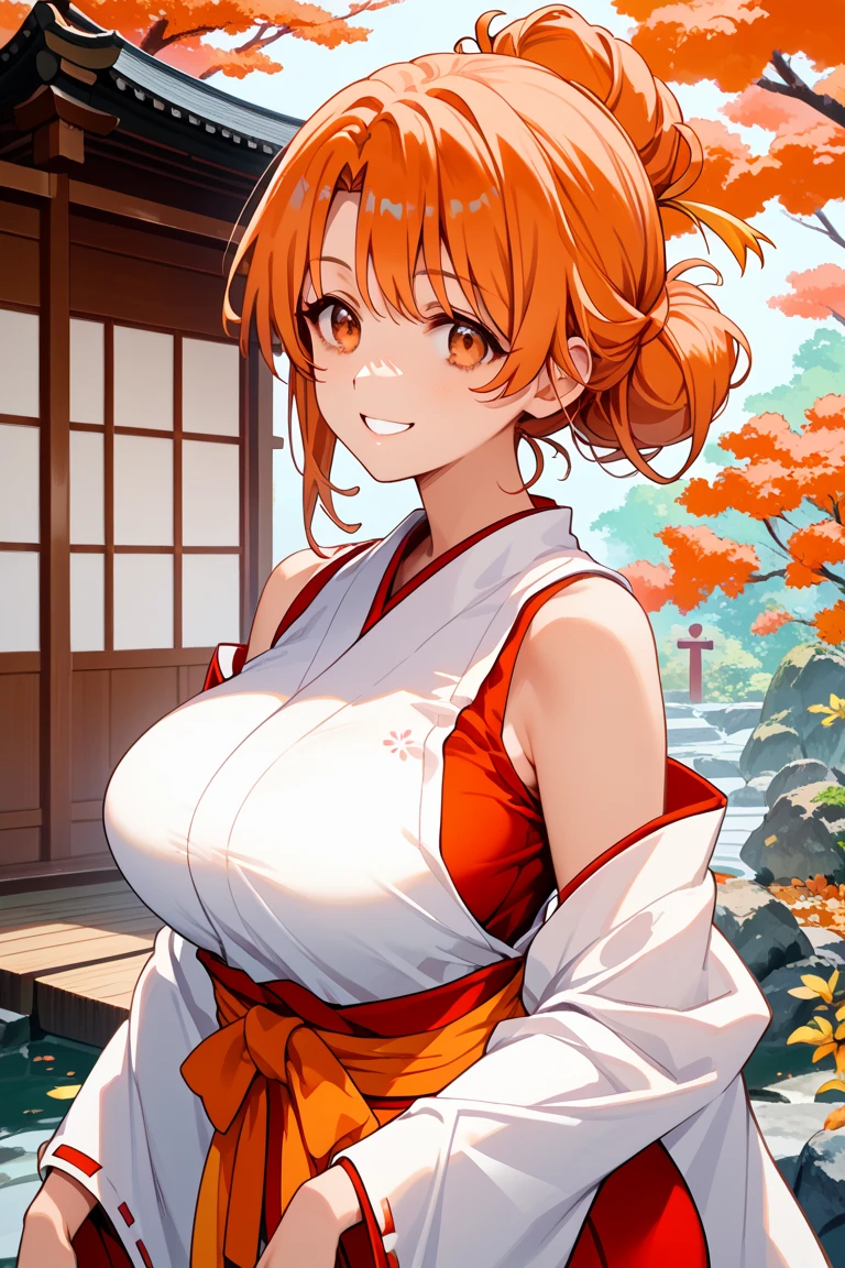 masterpiece, best quality, detailed, 1girl, upper body, orange kimono, large breasts, shrine, cloud, stream, leaning forward,