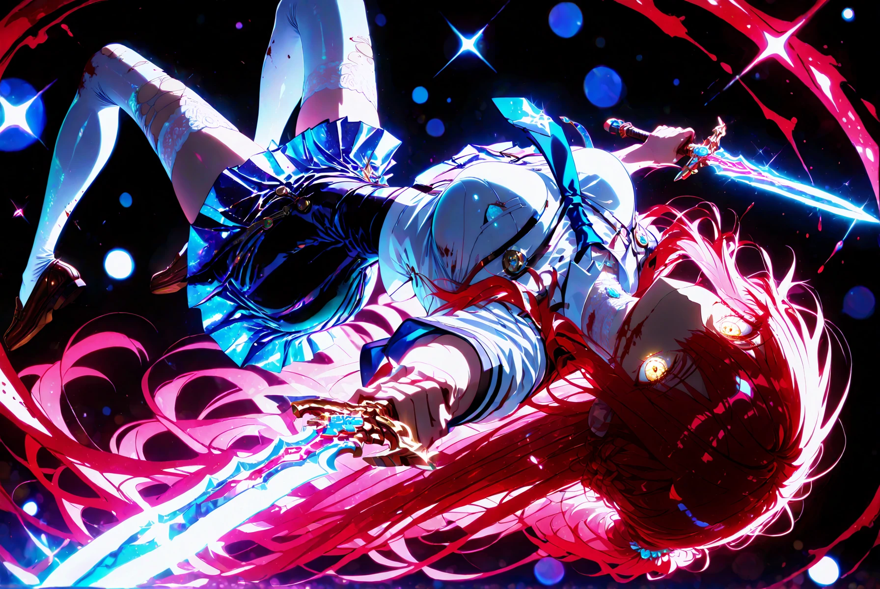 neon art, neon lineart, colorful neon lineart, neon silhouette, silhouette, neon colors, glowing, glow effect, bright outlines, vibrant colors, high contrast, dark background, digital art, extreme perspective、upside-down, backflip、Whole body expression, 1 girl , golden eyes , very long hair , long sidelocks, red hair ,half updo, petite , very cute , beautiful ,Straight hair, cool, handsome, hair between eyes, sexy, medium breasts , white lace choker, school uniform, neon trims, white shirt, marine blue necktie, marine skirt, intricate white thighhighs, brown loafers, torn clothes, scratch, solo, glowing eyes, looking at viewer, dynamic shot, dynamic view, dynamic pose, (holding dagger), crouching, foreshortening, bokeh, glittering, sparkling, blood splash, bloody, blood, blue theme, (((black background)))